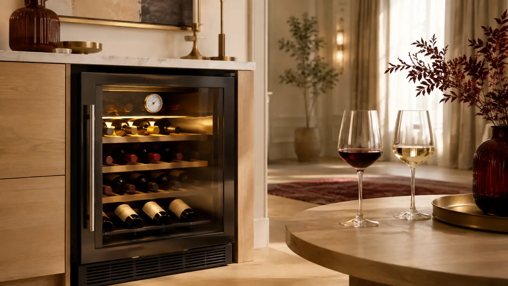 Bicchieri di vino rosso e bianco e cantinetta con temperatura di servizio