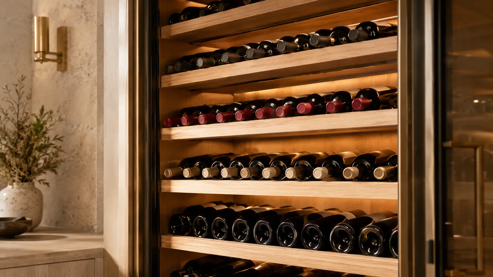 Bottiglie di vino coricate che riposano su ripiani in legno in una cantinetta