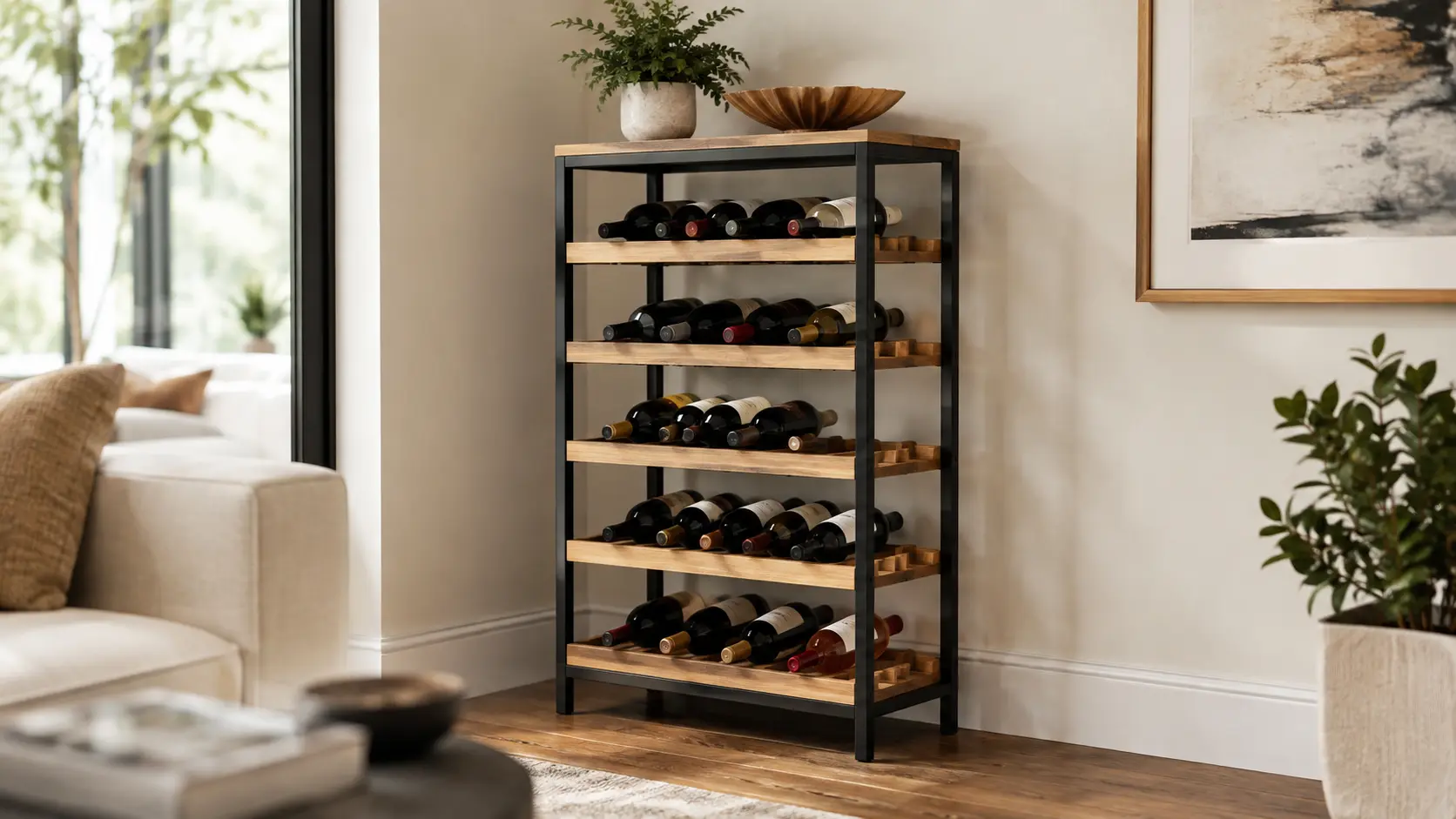 Portabottiglie vino da terra in legno con bottiglie in orizzontale in un ambiente domestico moderno