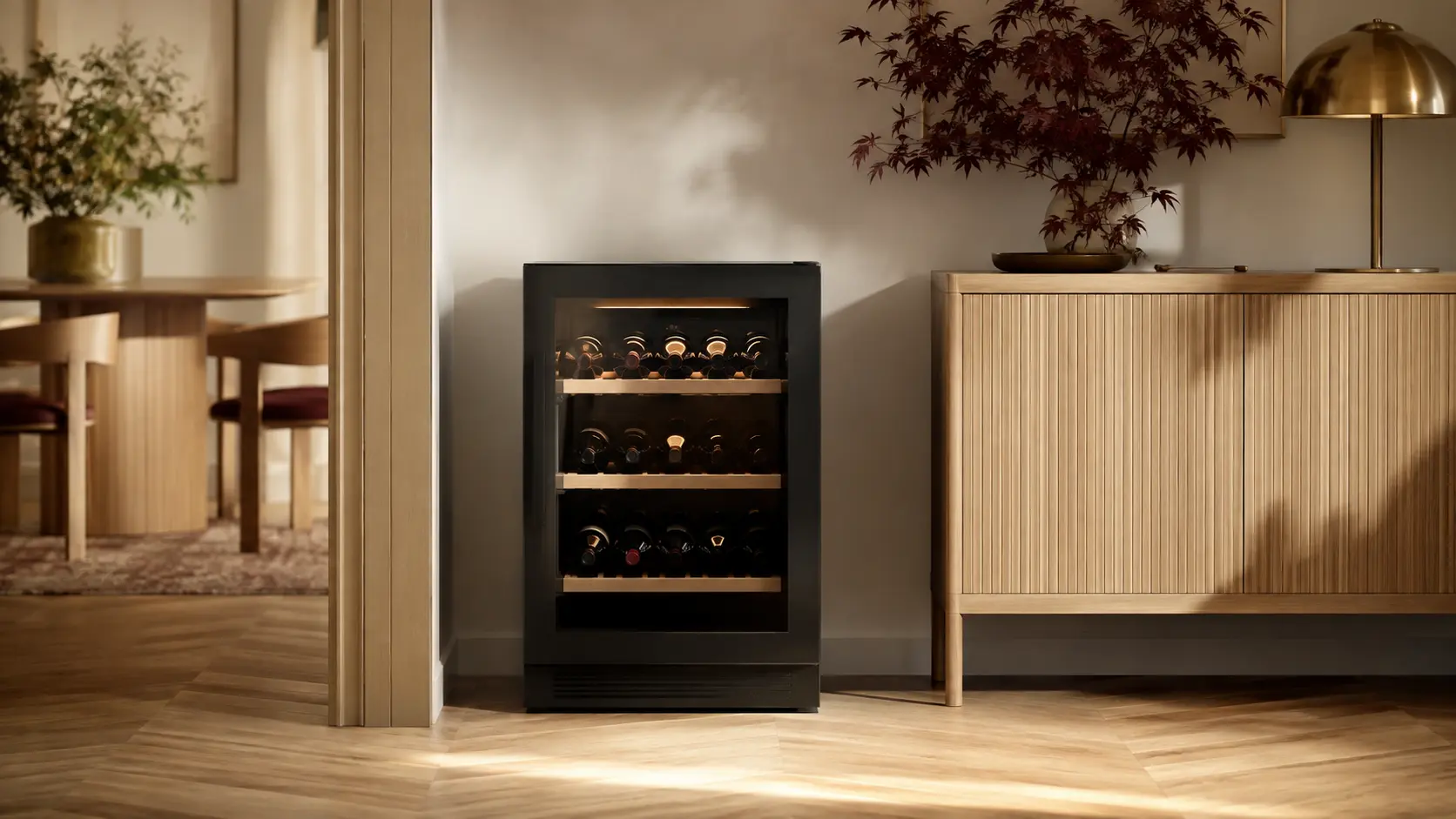 Cantinetta vino di media capacità a libera installazione con più ripiani