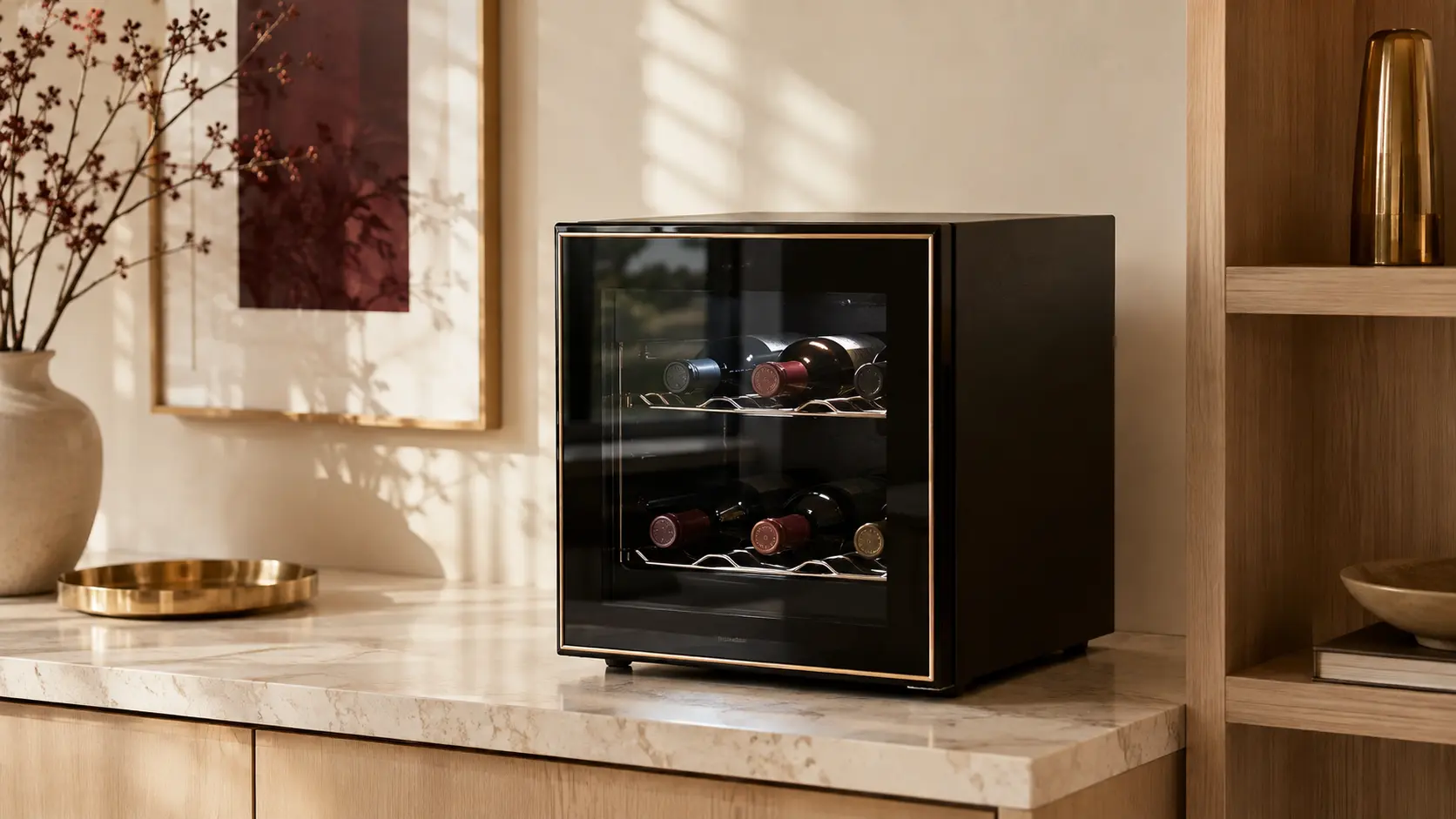 Piccola cantinetta vino termoelettrica su un piano di marmo chiaro